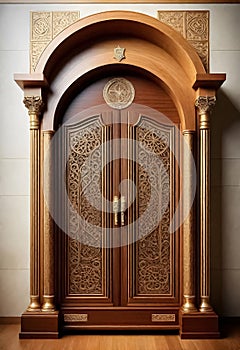 a large wooden door with ornate carvings photo