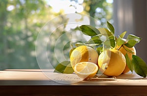 AI generated Lemons with leaves on table against blurred background, closeup
