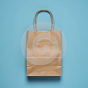 AI-Generated Light Brown Paper Shopping Bag on Light Blue Surface photo