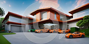 Ai generated a lineup of vibrant orange sports cars parked in front of a modern house