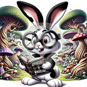 AI-Generated Literary Rabbit - Reading \'Adventures in Wonderland