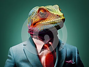 AI generated lizard wearing a blue suit and orange tie