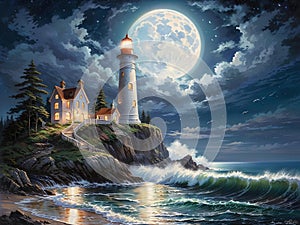 Luminescent Guardian: Moonlit Lighthouse photo