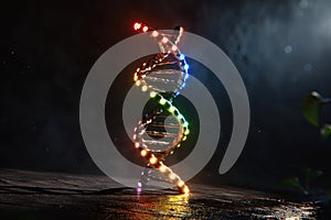 Luminous DNA helix in a mystical night setting, capturing the magical essence of genetic discovery photo