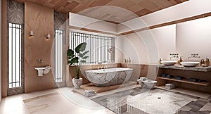 Ai generated a luxurious bathroom with a spacious bathtub and elegant double sinks