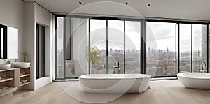 Ai generated a luxurious bathroom with a stunning view from a large window and a relaxing bathtub