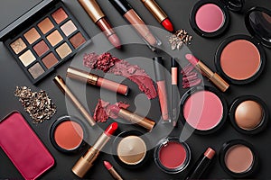 AI-generated luxurious cosmetics flat lay with lipsticks, blush, and eyeshadow palette