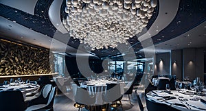 Ai generated a luxurious dining room with an elegant chandelier as the centerpiece