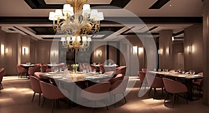 Ai generated a luxurious dining room with elegant pink chairs and a sparkling chandelier