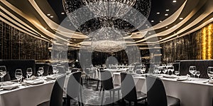 Ai generated a luxurious dining room with a stunning chandelier hanging from the ceiling