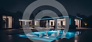 Ai generated a luxurious house with an illuminated swimming pool at night