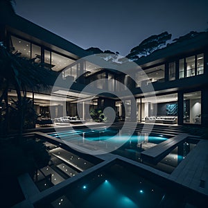 Ai generated a luxurious house with a stunning swimming pool illuminated at night