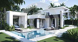 Ai generated luxurious modern house with an inviting swimming pool