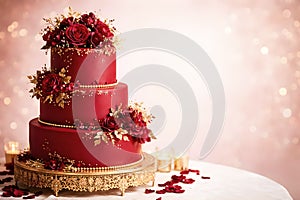 Luxurious Red Wedding Cake With Gold Details And Soft Elegant Background