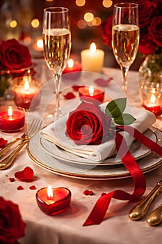 Elegant Romantic Dinner Table With Red Roses Champagne And Candlelight