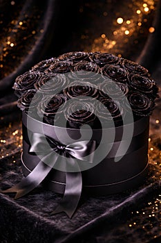 Luxury Black Rose Gift Box With Elegant Ribbon And Dramatic Mood