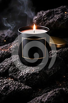 Luxury Black Candle With Soft Flame On Dark Volcanic Stone Background