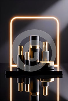 High End Black And Gold Cosmetic Collection Displayed With Warm Illuminated Frame Effect