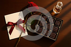 Luxury Chocolates Red Rose Gift Card And Perfume Flat Lay