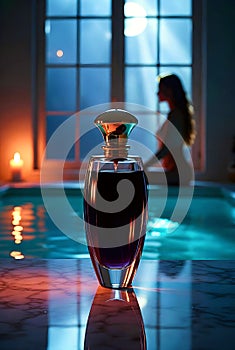 Mystical Luxury Perfume Bottle Reflected In Moonlit Spa Atmosphere With Elegant Silhouette Presence