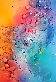 Vibrant Abstract Fluid Art With Colorful Bubbles Blending Into Dynamic Multitone Pigment Waves