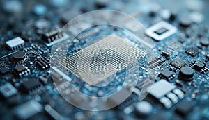 AI generated macro shot of nano-sensors embedded in microchip surface, sharp focus