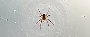 Macro Shot of a Tiny Spider on its Web with Dew Droplets