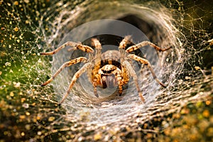 Spider Inside Web Tunnel Showing Intricate Web Structure And Hunting Behavior