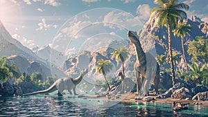 AI-generated majestic dinosaurs in a prehistoric landscape. Brontosaurus or diplodocus. Vivid colors and details bring