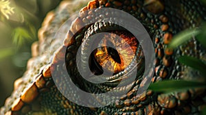 AI-generated majestic dinosaurs in a prehistoric landscape. Eye close-up. Vivid colors and intricate details bring these