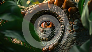 AI-generated majestic dinosaurs in a prehistoric landscape. Eye close-up. Vivid colors and intricate details bring these