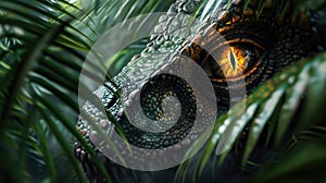 AI-generated majestic dinosaurs in a prehistoric landscape. Eye close-up. Vivid colors and intricate details bring these