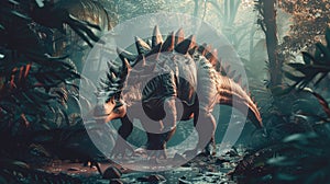 AI-generated majestic dinosaurs in a prehistoric landscape. Stegosaurus. Vivid colors and intricate details bring these