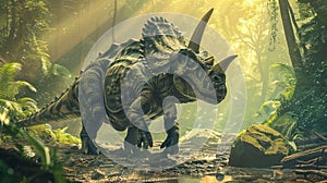 AI-generated majestic dinosaurs in a prehistoric landscape. Triceratops. The concept of time when dinosaurs ruled the