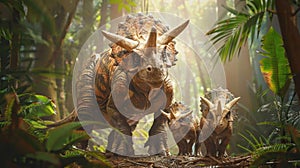 AI-generated majestic dinosaurs in a prehistoric landscape. Triceratops. The concept of time when dinosaurs ruled the