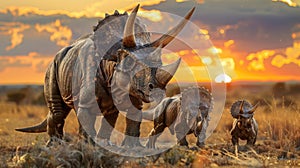 AI-generated majestic dinosaurs in a prehistoric landscape. Triceratops. The concept of time when dinosaurs ruled the