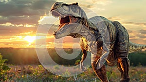 AI-generated majestic dinosaurs in a prehistoric landscape. Tyrannosaurus, t-rex. The concept of time when dinosaurs