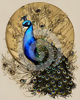 AI-generated Male Peacock with feathery round gold disc background