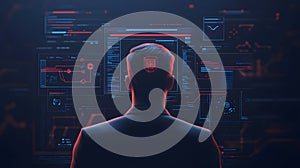 AI-generated Man Analyzing Complex Data on Futuristic Screen