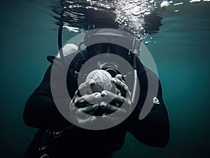 AI generated  man in a full scuba diving suit holding ball while diving  underwater