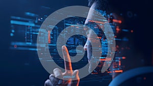 AI-generated Man Interacting Futuristic Digital Interface Data