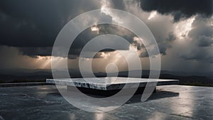 Marble platform serenely floating amid a tumultuous cloudy sky during a dramatic thunderstorm with dark clouds and photo
