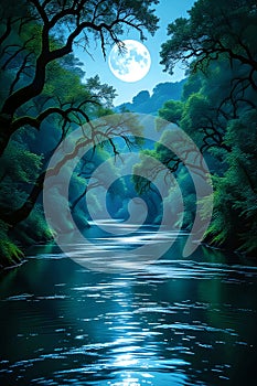 Mystical Full Moon Illuminating Enchanted Forest River