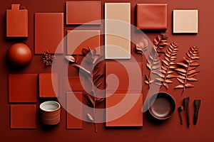 AI generated material wall food arrangement with cutlery and cups interior design in warm red tones