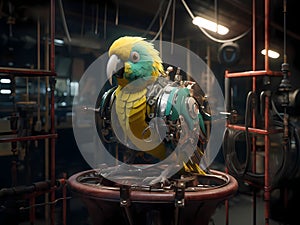 AI-Generated Mechanical Parrot Perched in an Inventor\'s Workshop