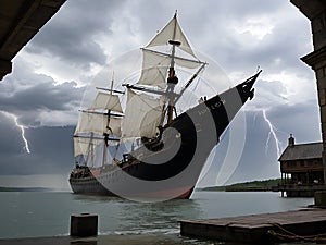 AI generated medieval era ship docked in a port during a thunderstorm