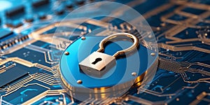 Metallic Blue Shield and Padlock on Circuit Board