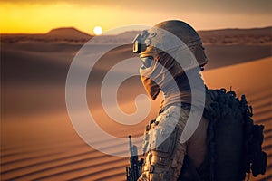 AI generated military service member wearing a full set of combat gear standing in desert