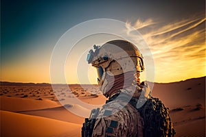 AI generated military service member wearing a full set of combat gear standing in desert