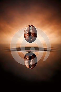 Floating Coffee Bean With Perfect Reflection In Minimal Warm Studio Atmosphere